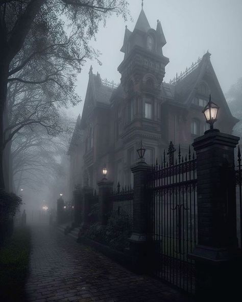 Creepy mansion in the mist Necromancer Moodboard, Gothic Mansion Aesthetic, Goth Building, Gothic Yard, Victorian Witch Aesthetic, Deadly Aesthetic, Goth House Aesthetic, Gothic Study, Goth Mansion