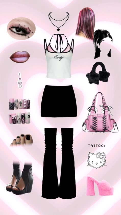 Y2k Pink + Black Outfit #pinkhighlights #blackpinkhair #flarelegwarmers #y2ktank #tanktop #y2k Pink Black Outfit, Y2k Outfits Black, Y2k Pink And Black, Y2k Outfits Pink, Y2k Tank, Pink Highlights, Black Outfits, 2000s Fashion Outfits, Y2k Pink