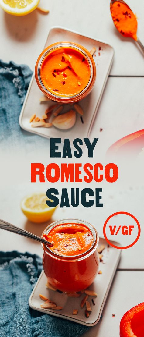 EASY, Creamy Romesco Sauce! 7 ingredients, 30 minutes, INCREDIBLY flavorful! PERFECT for pastas, breakfast, vegetables and more! #plantbased #romesco #glutenfree #minimalistbaker #recipe Romesco Sauce Recipe, Breakfast Vegetables, Romesco Sauce, Minimalist Baker, Garlic Pasta, Vegan Sauces, Veggie Bowl, Sweet Sauce, Roasted Cauliflower