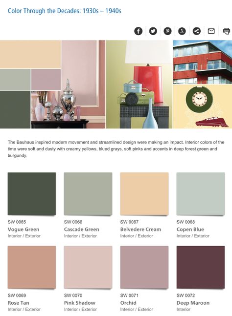 Color Through the Decades: 1930s – 1940s 1930s House Interior Paint Colors, 1930s Color Palette Interior Design, 1940 Home Decor Interior Design, 1940s Paint Colors, 1940s Interior Paint Colors, 1930s Paint Colors, Bungalow Interior Paint Colors, 1940s House Interior Design, 1930s Home Interior