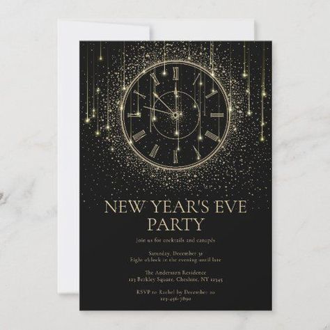 Elegant New Year's Eve Party Invitation #nyeparty #elegantclocks #cocktail #drink #blackandgold #decoart #modernholidayparty #trendy #celebration #elegant New Year’s Eve Invitation, Nye Party Invitations, New Year's Eve Background, Gold Christmas Lights, Cocktails And Canapes, New Years Eve Invitations, New Years Dinner, Invite Design, 2024 Inspiration