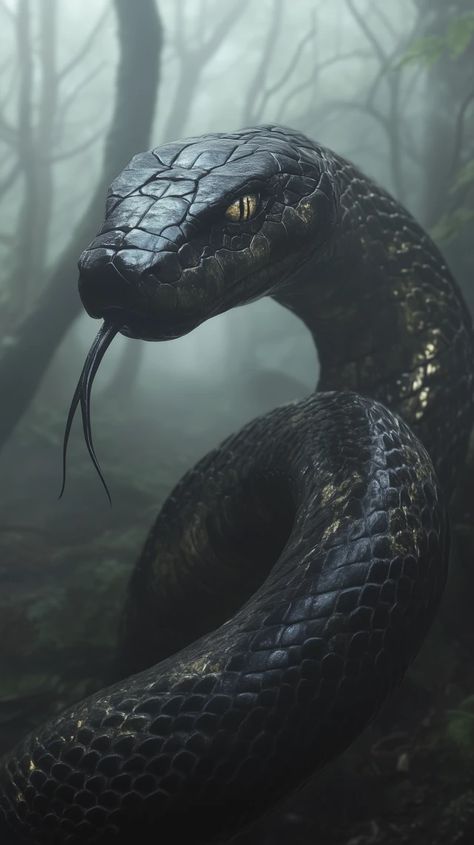 Snake In Forest, Dark Foggy Forest, Forked Tongue, Blurry Background, Foggy Forest, Black Snake, In The Shadows, Yellow Eyes, Book Aesthetic