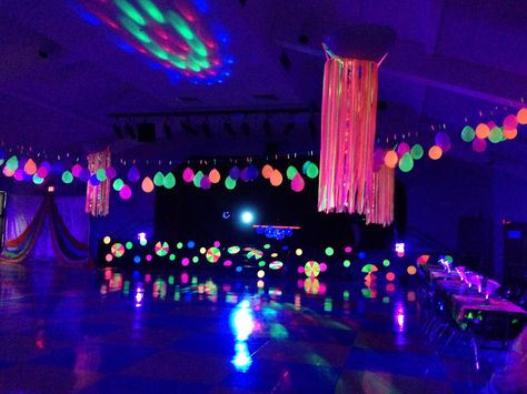 Black Light Theme Party, Glow Party Decorations Black Lights, Neon Karaoke Party, Black Light Dance Party, Neon Dance Theme, Glow In The Dark School Dance, Neon School Dance, Glow In The Dark Backdrop, Lumo Party