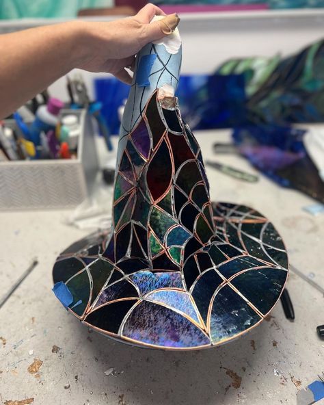 Sheila Szilagyi-Noseworthy | Stained glass witchy chandelier is done! Made a detachable crystal halo to transform it for either chandelier or table top lamp! Thank for... | Instagram Witchy Chandelier, Diy Stained Glass Lamp, Glass Fairy, Table Top Lamps, Tiffany Stained Glass, Stained Glass Decor, Goth Home, Goth Home Decor, Stained Glass Crafts