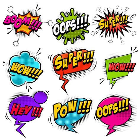 Set of comic style speech bubbles with s... | Premium Vector #Freepik #vector #pop-art-comic #comic-art #comic-boom #pop-art Cartoon Comic Art Style, Example Of Comics, Comic Book Wallpaper, 3d Packaging, Pop Art Vector, Comic Boom, Comic Text, Banner Image, Retro Comic Book