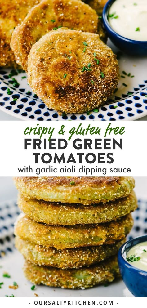 Fried green tomatoes are a classic southern summer recipe! This gluten free version is made with cornmeal, oat flour and buttermilk, then pan sautéed until golden and crispy in a cast iron skillet. I enjoy this easy appetizer with garlic aioli dipping sauce, and a chilled drink. Click through to get all of the details for making your own easy, delicious gluten free fried green tomatoes! #glutenfree #vegetarian #appetizer #sidedish Gluten Free Fried Green Tomatoes, Appetizers Gluten Free, Fried Green Tomatoes Recipe, Gluten Free Sauces, Green Tomato Recipes, Gluten Free Puff Pastry, Fried Garlic, Southern Summer, Fried Green