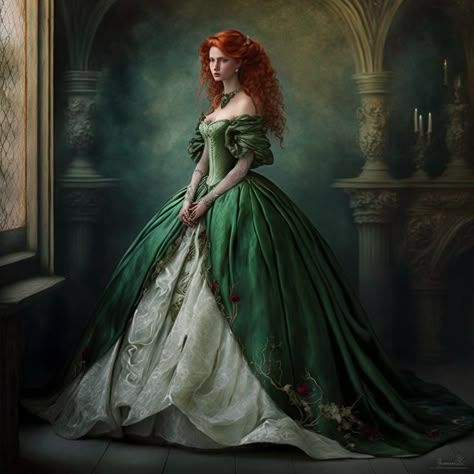 Red Head In Green Dress, Green Princess Dress Fairytale, Mystical Dresses Fairytale, Arabella Outfit, Green Dress Princess, Green Princess Dress, Forest Green Dresses, 1870s Fashion, Girl With Pink Hair