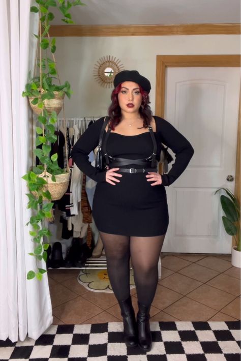 Goth Outfits Plus Size, Harness Outfit, Plus Size Goth, Corduroy Overall, Plus Size Baddie Outfits, Corduroy Overall Dress, Plus Size Fall Outfit, Dress With Stockings, Alt Fashion