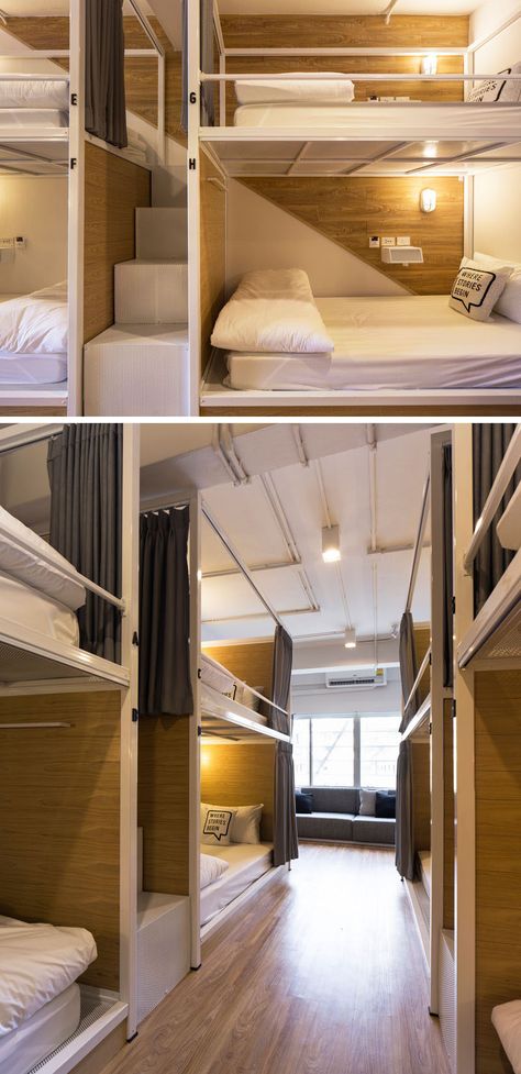 In this modern Bangkok hostel, the bunks have stairs between them instead of a ladder, allowing easy access to the top bunks. Hostel Room Design, Dormitory Room, Hostels Design, Hostel Room, Dorm Design, Small Lounge, Capsule Hotel, Bunk Rooms, Youth Hostel