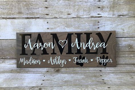 Ive made this family sign using ceramic tile, and permanent vinyl. The measurements are 19.5x7 inches. I have added 2 sawtooth hangers on the back for easy hanging. I have also added 2 Black foam pads to the bottom corners to protect the surface you are hanging this against. PLEASE Anniversary Gift For Parents, Custom Family Signs, Family Wood Signs, Circuit Ideas, Wood Signs For Home, Tile Crafts, Anniversary Gifts For Parents, Gift For Parents, Family Name Sign