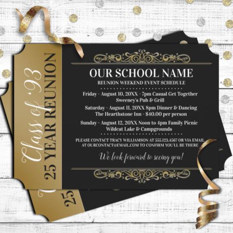 Downloadable Class Reunion High School Reunion College Black Invitations & Invitation Templates | Zazzle High School Reunion Planning, Class Reunion Planning, Class Reunion Invitations, High School Class Reunion, Reunion Invitation, Class Reunion Decorations, College Reunion, Reunion Decorations, Ticket Style