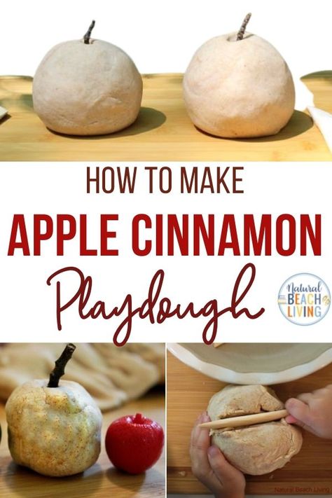 The Best Apple Pie Scented Play Dough - No Cook Playdough Recipe - Natural Beach Living Apple Scented Playdough Recipe, Apple Pie Playdough Recipe No Cook, Applesauce Playdough Recipe, No Cook Apple Pie Playdough, Apple Cloud Dough, Apple Pie Playdough Recipe, Applesauce Playdough, Cooking Dramatic Play, Apple Pie Playdough