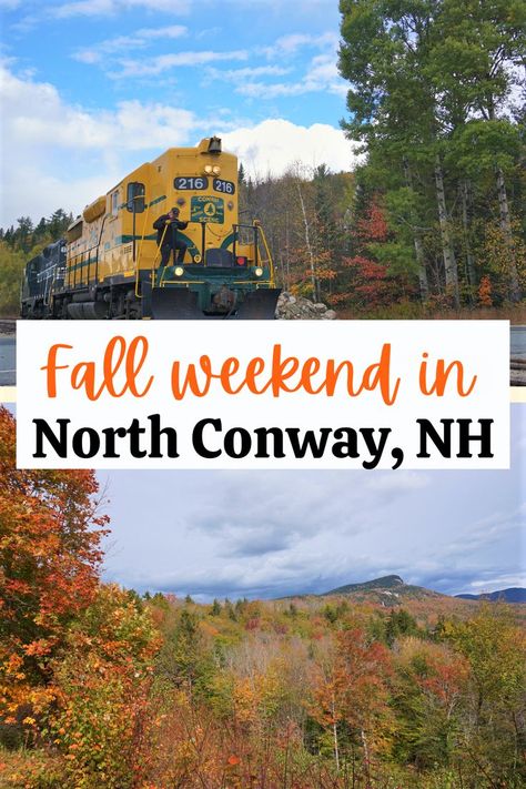 Are you looking for a perfect fall getaway in New England? Visit North Conway in New Hampshire. Conway Scenic Railroad, driving Kancamagus Highway and lots of hiking are among the top things to do in North Conway, NH in the fall. #NorthConway #NH #Fall #Falltravel #NewEngland #USA Conway New Hampshire Fall, Things To Do In Concord New Hampshire, North Conway New Hampshire Fall, Things To Do In North Conway Nh, Kancamagus Highway New Hampshire, October Snacks, North Conway New Hampshire, Kancamagus Highway, Conway New Hampshire