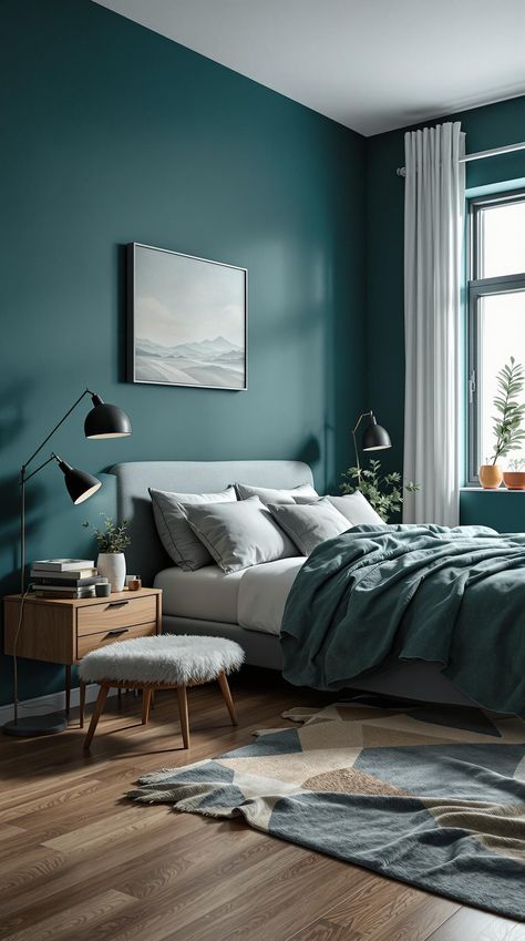 Dark Teal Bedroom Dark Teal Paint Color Bedroom, Dusty Teal Paint Color, Bedroom With Teal Walls, Dark Teal Room, Teal Bedroom Decor Ideas, Dark Teal Walls, Teal Bedrooms, Teal Boho Bedroom, Dark Teal Bedroom Ideas