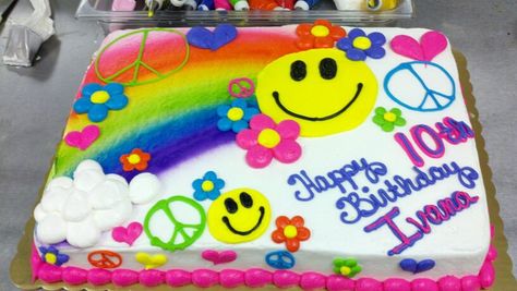 Happy hippie cake. Smiley faces, peace signs and 60's flowers.  Airbrushes rainbow. Retro Smiley Face Birthday Cake, Smiley Face Sheet Cake, Peace Sign Pull Apart Cupcakes, Peace Sign Cupcakes, Peace Sign Cookie Cake, Peace Sign Birthday Cake, Peace Sign Cakes, Hippie Cake, Emoji Birthday Cake