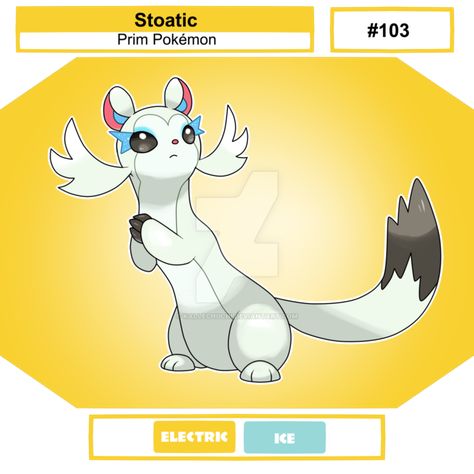 Stoatic Type: Electric and Ice Ability: Static and Snow Cloak Hidden Ability: Speed BoostSpecies: Prim Pokemon  Height: 1'1" / 0.30 mWeight: 12.5 lbs  / 5.66... Pokemon Rpg, Pokemon Fake, Oc Pokemon, Pokemon Breeds, Pokemon Eeveelutions, Pokemon Oc, Pokemon Pokedex, Pokemon Eevee, Type Pokemon