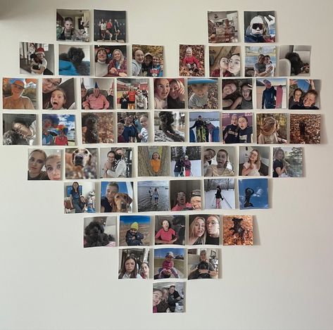 Photos In Heart Shape On Wall, Picture Heart Wall Layout, Photo Wall Heart Layout, Heart Picture Wall, Heart Shaped Picture Collage, Picture Heart Wall, Photo Heart Collage, Picture Wall Layout, Picture Heart