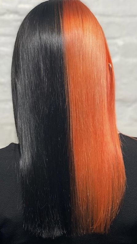 Black And Orange Hair Split, Half Orange Half Black Hair, Orange And Black Split Dye, Half Black Half Orange Hair, Black And Orange Hair, Orange And Black Hair, Half Colored Hair, Colored Hairstyles, Witchy Hair