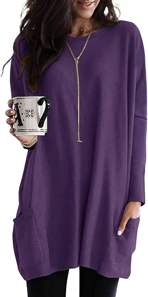 Tunic Tops For Women, Tunic Tops For Leggings, Long Tunic Tops, Basic Sweatshirt, Casual Long Sleeve Shirts, Leggings With Pockets, Long Sleeve Tops Casual, Women Tunic Tops, Long Tunic