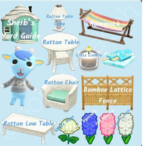 Sherb's yard guide #animalcrossing #animalcrossingnewhorizons #acnh #yardguide #acnhyardguide Acnh Villagers Yard, Frozen Chair, Outset Island, Acnh Guide, Motif Acnl, Blue Hyacinth, Animal Crossing Funny, Animal Crossing Guide, Animal Crossing Characters