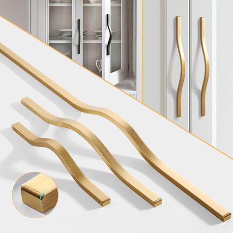 This design comes in three different sizes, so you can add it to your drawers and cabinets. This handle is made of high quality aluminum alloy material and comes in two colours - a classy black and elegant gold.   Long-Lasting Performance - These door pulls are made with advanced techniques to ensure long-lasting performance and a fine touch.   Versatile Design - The wave design fits most cabinet styles, making it perfect for kitchens, bathrooms, living rooms, drawers, dressers, wardrobes, and cupboards.   Includes free 25mm M4 mounting screws for 19-20 mm Cabinet / Drawer front thickness   Perfect elegant addition to any cabinet, furniture door, cupboard, desk drawer, wardrobe drawers, shoe cabinet, chest, bookcase.    Specification : Material : Aluminum alloy Color:Black, Gold 160 mm Fix Draw Pulls Cabinet Hardware, Long Cabinet Pulls, Cupboard Desk, Cabinet Handles Kitchen, Gold Kitchen Hardware, Kitchen Drawer Handles, Unique Drawer Pulls, Gold Cabinet Handles, Modern Cabinet Hardware