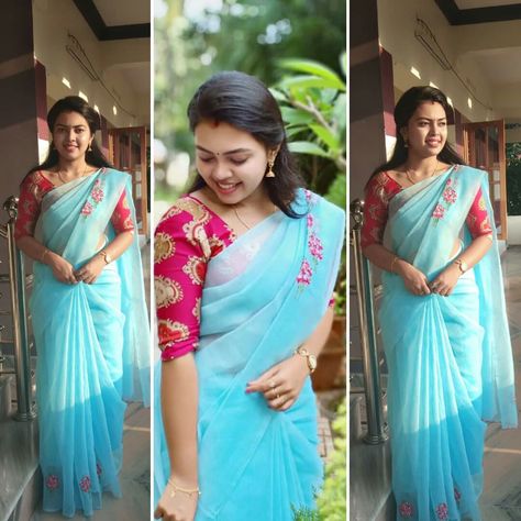 Sky Blue Saree Contrast Blouse Colour, Sky Blue Saree Blouse Combination, Blue Saree Contrast Blouse, Saree Contrast Blouse, Sky Blue Saree, Plain Sarees, Latest Bridal Blouse Designs, Plain Saree, Simple Blouse Designs