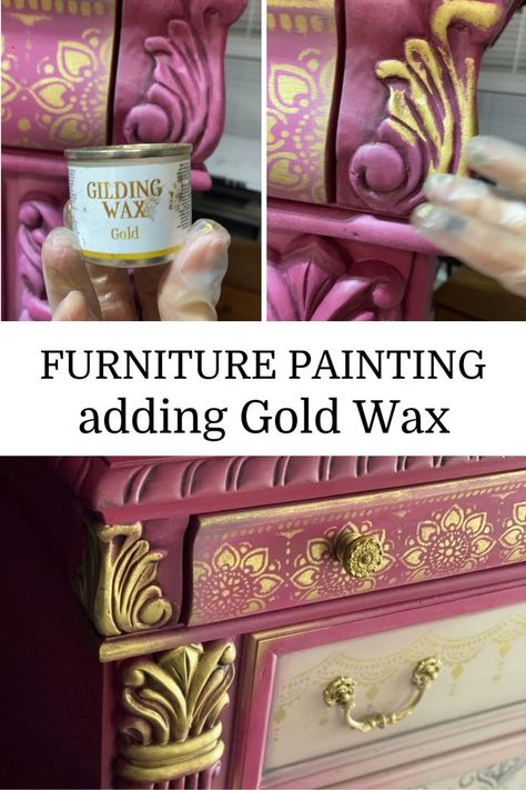 Here's how to add gold wax to your painted furniture makeover. I use Dixie Belle's Gilding Wax in Gold and love adding it to wood carvings, like I did on this painted dresser. Hop over to my furniture painting blog to learn my wax application techniques and how to paint your own to gold wax furniture. Gold Accent Furniture Diy, Gold Gilding Diy, Gold Leafing Furniture, Black And Gold Painted Furniture, Gilding Wax On Furniture, Gold Furniture Paint, Gold Dresser Diy, Gold Leaf On Furniture, Wax Over Chalk Paint