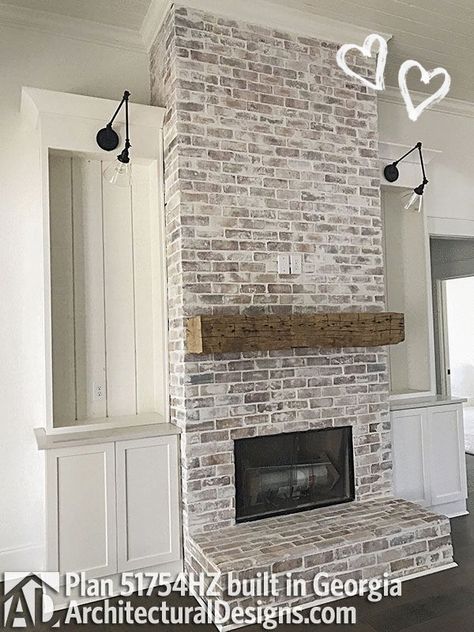 Statement Wall Living Room Fireplace, Living Room Hearth, Fireplace With Hearth And Mantle, Front Dormer, Wood Beams Living Room, Whitewash Brick, Brick Ideas, Beams Living Room, Brick Fireplace Makeover