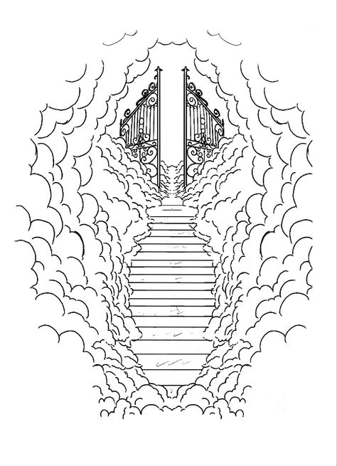 Path To Heaven Tattoo, Stairway To Heaven Tattoo Stencil, Clouds Tattoo Stencil, Time Flies Tattoo, Heavens Gates Tattoo Design, Stairs To Heaven Tattoo, Gates Of Heaven Tattoo, Tattoo Peito, Stairway To Heaven Tattoo