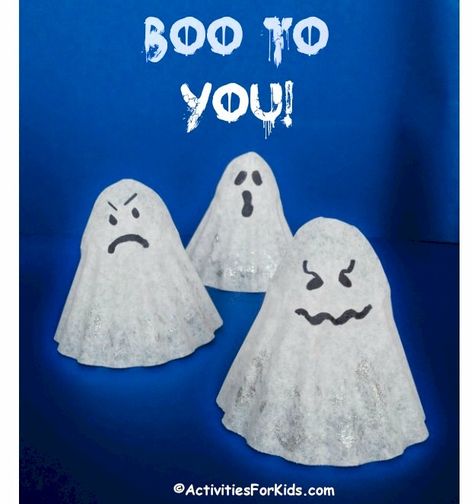 Easy Halloween Crafts for kids - Coffee filter ghost.  Make one.  Decorate and use as decorations for Halloween.  Printable for Witches Hats can be found at ActivitiesForKids.com Coffee Filter Ghost Craft, Coffee Filter Ghosts, Fun Halloween Crafts For Kids Easy, Coffee Filter Halloween Crafts, Ghost Crafts Preschool, Waldorf Halloween, Cheap Fall Crafts For Kids, Easy Halloween Crafts For Kids, Ghosts For Halloween