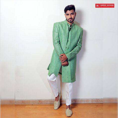 Flattering Green Color Kurta Pajama In Indo-Western Style Mehndi Function, Mirror Embroidery, Kurta Pajama, Indian Outfit, Long Jacket, Groom Style, Indo Western, Embroidery Work, Western Fashion