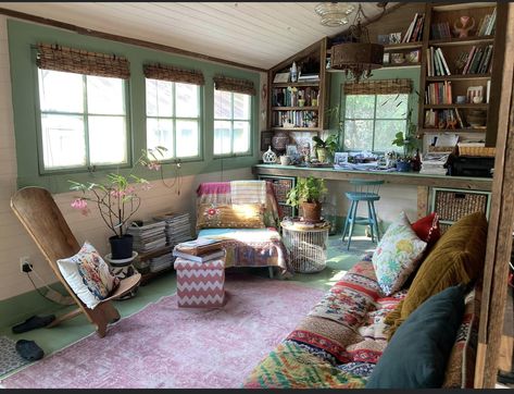 Cosy Summer House, Tiny She Shed Interior Ideas, Art Shed Ideas, She Shed Interior Ideas Woman Cave, Backyard Hideout, Small Shed Ideas Hangout, Backyard Sheds Hangout, Small She Shed Interiors, Diy She Shed On A Budget