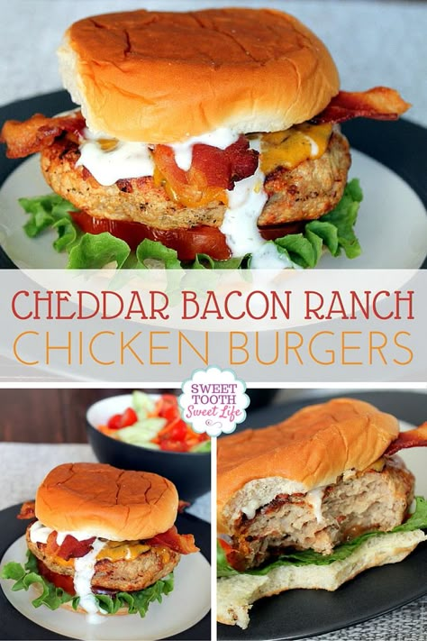 Cheddar Bacon Ranch Chicken Burgers Bacon Ranch Chicken Burgers, Cheddar Bacon Ranch Chicken Burgers, Bacon Turkey Burgers, Grilled Chicken Bacon Ranch Sandwich, Cheddar Ranch Chicken, Chicken Burger Recipe, Bacon Ranch Chicken, Burger Ideas, Ranch Burgers