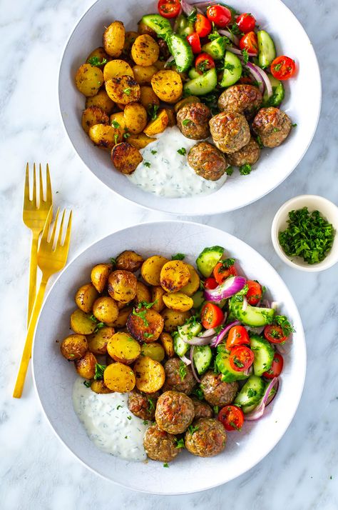 Baked Greek Meatballs with Tzatziki - The Girl on Bloor Healthy Mediterranean Dinner, That Girl Dinner, Meatballs Dinner, Greek Meatball Bowl, Football Dinner, Greek Chicken Meatball Bowls, Meatball Meal Ideas, Good Foods, Greek Chicken Meatballs