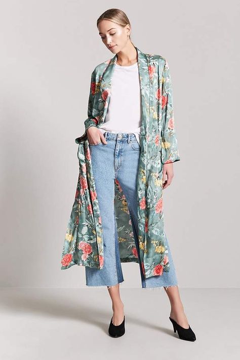 Forever 21 Satin Floral & Bird Longline Cardigan Cardigan Outfit Hijab, Satin Cardigan, Longline Cardigan, Outfit Hijab, Cardigan Outfits, Cardigan Women, Contrast Piping, Bird Print, Hijab Outfit