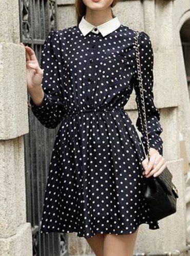 Peter Pan Collar Dress Outfit, Collar Dress Outfit, Polka Dot Shirt Dress, Pan Collar Dress, Long Sleeve Chiffon Dress, Dark Blue Dress, Peter Pan Collar Dress, Street Dress, Long Sleeved Dress