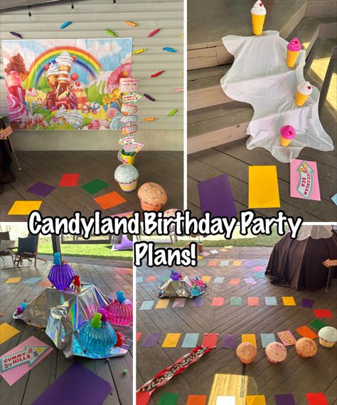 Candyland Birthday party plans Candyland Birthday Activities, Winter Candy Land Birthday Party Ideas, Candyland Life Size Game, Candyland Theme Birthday Party, Life Sized Candy Land Game, Candy Land Characters Printables, Candyland Theme Party Decorations Diy, Candy Land Games, Candyland Birthday Party Games