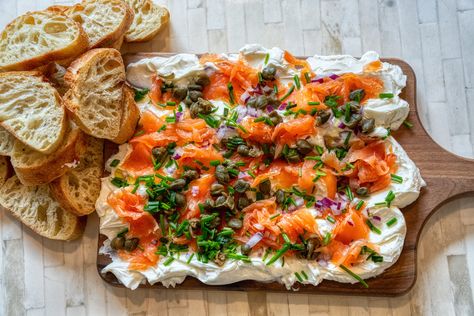 Smoked Salmon Cream Cheese Board Lox Board Smoked Salmon, Cream Cheese And Lox Board, Smoked Salmon Cheese Board, Cream Cheese Board With Salmon, Cream Cheese Smoked Salmon Board, Salmon Board Smoked, Cream Cheese Salmon Board, Smoked Salmon Butter Board, Smoked Salmon Bagel Board