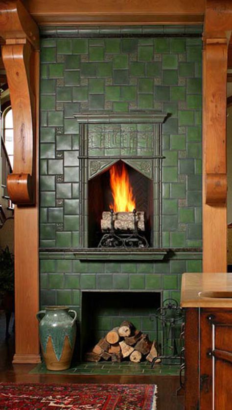 Arts And Crafts Fireplace, Craftsman Fireplace, Arts And Crafts Tile, Arts And Crafts Interiors, Green Tiles, Fireplace Tile Surround, Arts And Crafts Furniture, Arts And Crafts House, Rustic Fireplaces