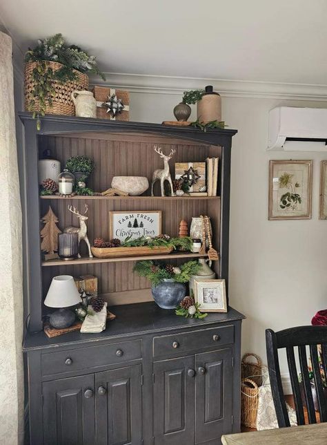 Hutch Decorating Ideas Modern, China Cabinet Display Farmhouse, Entry Hutch, Hutch Decorating Ideas Display, Top Of Hutch Decor, Hutch In Living Room, Kitchen Hutch Decorating Ideas, Rustic China Cabinet, Hutch Decorating Ideas