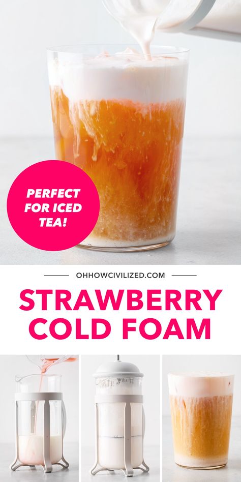 Strawberry Cold Foam, Summer Tea Recipes, Flavored Iced Tea Recipes, Summer Coffee Drinks, Hot Tea Recipes, Starbucks Strawberry, Cold Brew Recipe, Tea Drink Recipes, Easy Teas