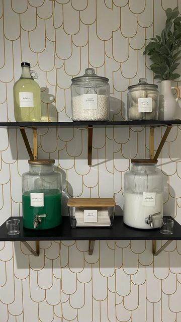 Laundry Room Clear Containers, Liquid Laundry Storage, Bleach Storage Laundry Rooms, Laundry Room Dryer Sheets Storage, Glass Laundry Detergent Container, Laundry Sheets Storage, Laundry Storage Containers, Bleach Container Ideas, Laundry Room Container Ideas