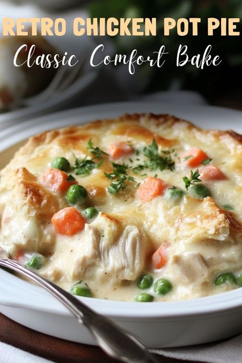 Rediscover a classic with retro chicken pot pie, a comforting bake that brings nostalgic flavors to your table. #ChickenPotPie #ClassicComfort Creamy Chicken Pot Pie, Chicken Tender, Comfort Dishes, Crust Recipe, Chicken Pot, Chicken Pot Pie, Creamy Chicken, Pot Pie, Pie Crust