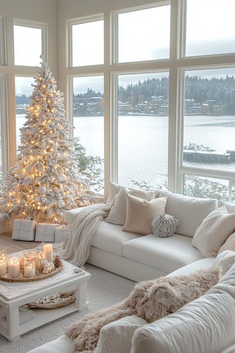 Cozy Christmas Living Room Apartment, Small Living Room Christmas Decor Ideas, Cozy White Christmas, White Christmas Living Room, Woodland Living, Small White Christmas Tree, Woodland Living Room, Small Apartment Christmas Decor Ideas, Small Apartment Christmas Decor