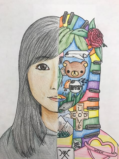 Self portrait with a twist Grade 5 Self Portraits, Art Class Drawing Ideas Middle School, Self Portrait Artwork, Split Face Self Portrait, Self Portrait Ideas Art, Self Portrait Art Lesson, Symbolic Self Portrait, Self Portrait Ideas Drawing, Identity Portrait