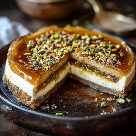 Honey Baklava, Honey Pistachio, Phyllo Pastry, Baklava Cheesecake, Pistachio Baklava, Interesting Recipes, Creamy Cheesecake, Classic Desserts, Graham Cracker Crumbs