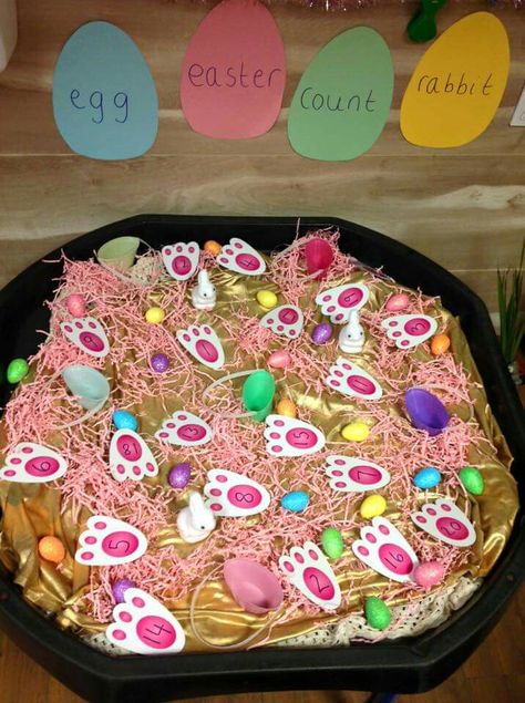 Easter themed tuff tray. Sorting and counting easter eggs and number recognition footprints 🐰 Easter Tuff Tray, Tuff Tray Ideas Toddlers, Tuff Tray Ideas, Easter Religious Crafts, Messy Play Activities, Easter Play, Creative Easter Baskets, Easter School, Easter Week