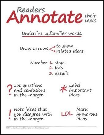 Annotation Made Simple--We most often associate note-taking while reading as lifting key words and phrases from the text and jotting them on separate paper or a graphic organizer.  However, another skill students need is how to annotate a text. It's a form of "talking" to the text while reading it. Although the reader isn't speaking out loud, he is recording his own unique thoughts and questions right on the passage itself. How To Annotate A Passage, Notes While Reading A Book, Taking Notes While Reading Books, How To Annotate, Annotating Text, Book Annotation Tips, Article Template, Note Taking Strategies, Book Annotation