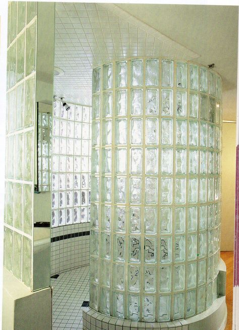 Lovely glass blocks Glass Block Shower, Glass Blocks Wall, 80s Interior Design, Curved Wall, 80s Interior, Curved Walls, Room Deco, Glass Block, Glass Blocks