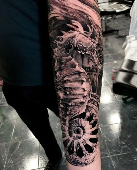 Seahorse Sleeve Tattoo, Atlantis Tattoo Ideas, Atlantis Tattoo, Atlantis Underwater, Sealife Tattoos, Scuba Diver Tattoo, Sea Tattoo Sleeve, Nautilus Tattoo, Throat Tattoos